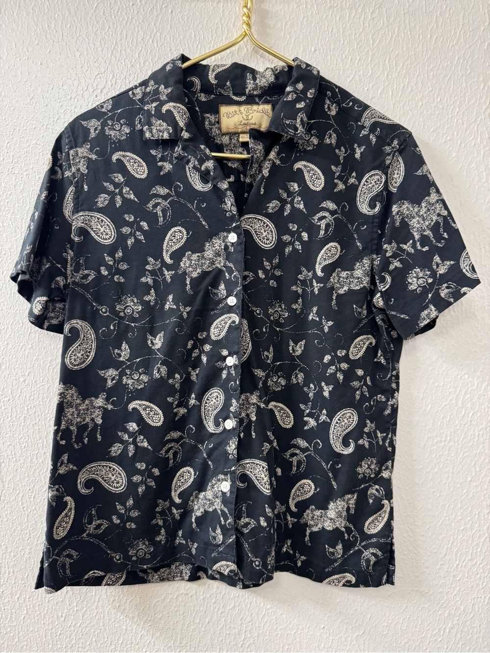 Vintage Bit & Bridle Short-Sleeve Paisley Horse Print Button-Down Shirt